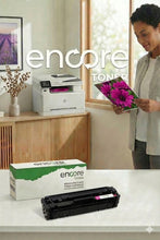 Load image into Gallery viewer, Encore Toner HP 206A Magenta toner cartridge with chip for HP LaserJet M255dw, M282, and M283fdw printers.
